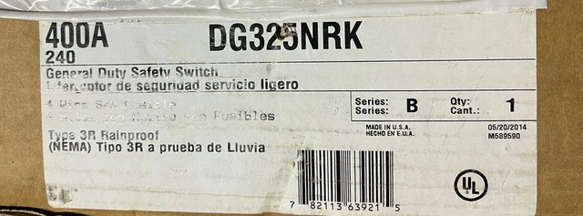 DG325NRK Cutler Hammer 400 Amp 240V Fusible Nema 3R Outdoor Rated Disconnect