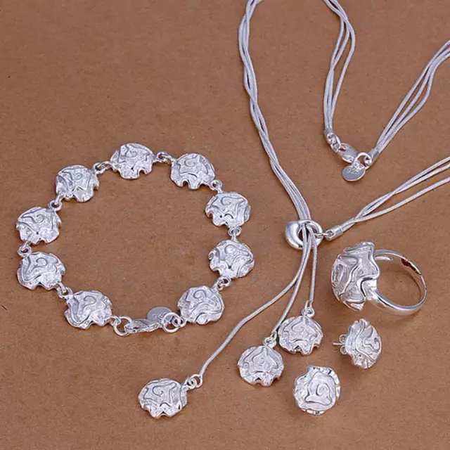 925Sterling Solid Silver Flower Bracelet Earrings Rings Necklace Jewelry Sets