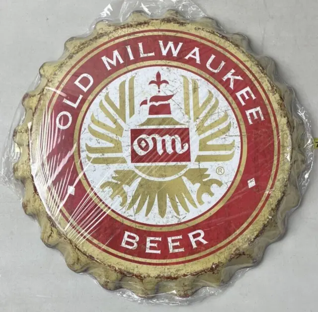 Old Milwaukee Beer Bottle Cap Tin Metal Wall Sign 16" Diameter Garage Man Cave