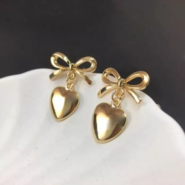 Fashionable 18K Yellow Gold Over Sweet Romantic Bowknot Heart Dangle Earrings 3