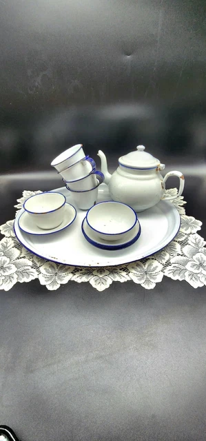 Vintage Enamelware Tea Set Pot, Cups, Saucers, Tray Plus Extra