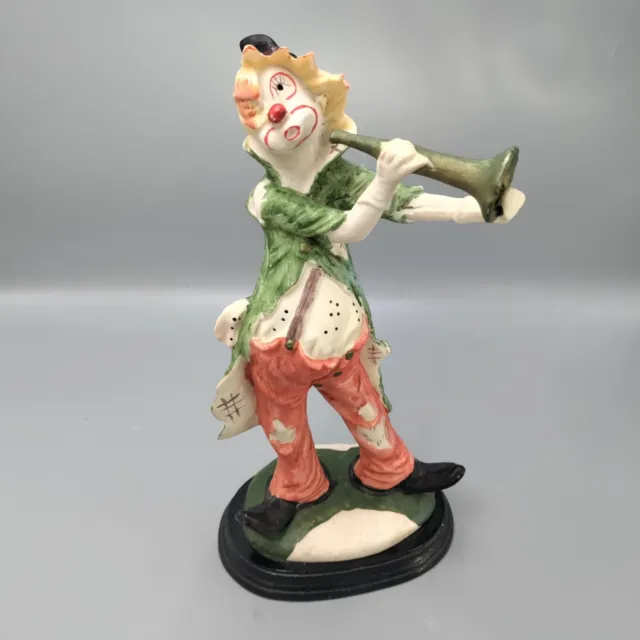 Vintage Hobo Circus Clown With Horn Trumpet On Wood Base 12" Resin Figurine