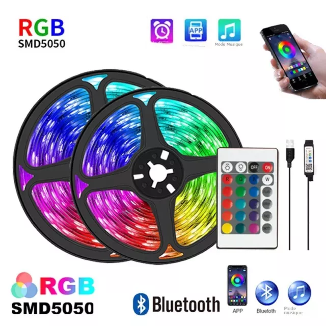 Bande Ruban LED 5m 10m USB Bluetooth Télécommande Lumière RGB 5050 Kit Complet