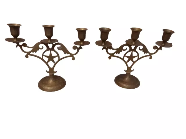 Pair of MATCHING Engraved Brass 3 Candle Holders Candelabras Stars 8" x 10"