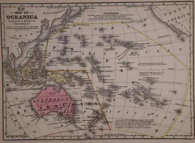 Dated 1839 Mitchell's Atlas Map ~ SOUTH PACIFIC - "OWHYHEE" or HAWAII - OCEANICA