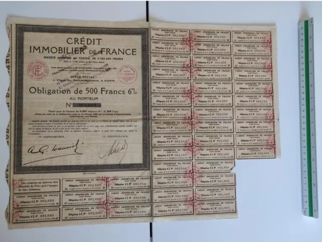 Action au porteur 500 Francs CREDIT IMMOBILIER DE FRANCE 1930 obligation