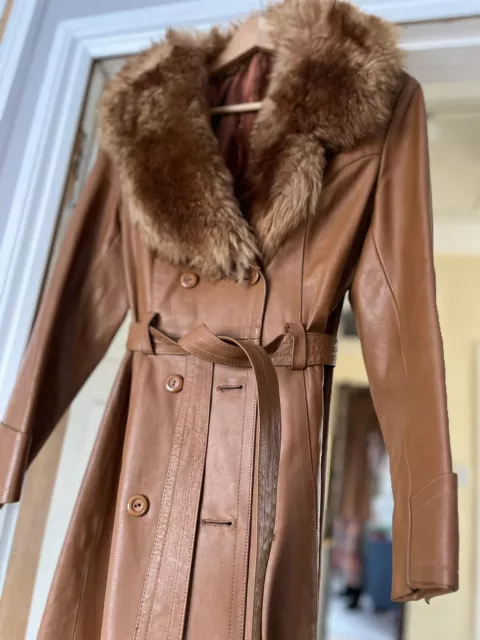 Genuine vintage Spinney 70s Tan brown leather trench coat Retro Fur Size 10