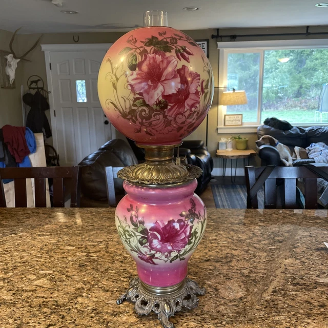 Antique Oil Lamp Gone With The Wind Hurricane Flowers Pink Painted Milk Glass