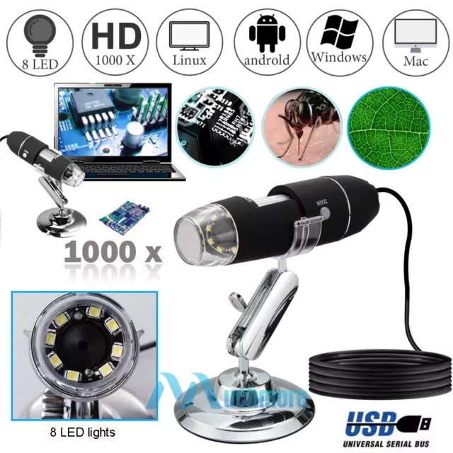 8 LED 1000X 2MP USB Digital Microscope Endoscope Magnifier HD Video Camera+Stand