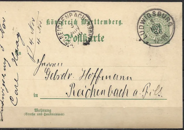 Altdeutschl. 1896 Kö.Württemb.Ganzs. PK P 37 - 5 Pf. grün,Ludwigsburg-Reichenba.