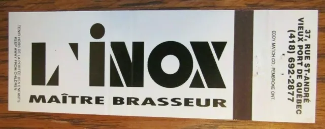 L'inox Brewery Brew Pub Full Length Matchbook Matchcover (Quebec City) -E1