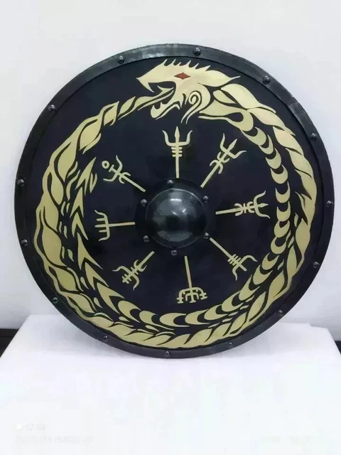 Bouclier viking 'Fenrir' avec bordure en peau brute, 80 cm