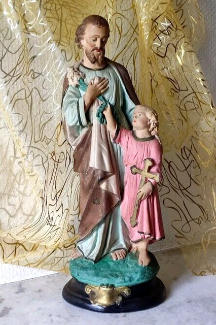 Statue Ancienne Saint Joseph De Sully Et L'Enfant Jésus – Plâtre Original, France
