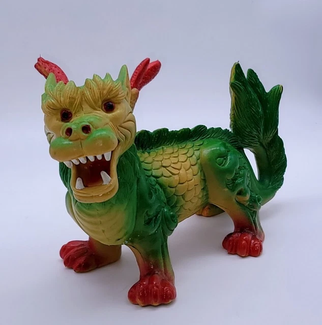 RARE Vtg Chinese Foo Lion Dragon Figure 11” Green Red PVC Rubber Toy Hong Kong