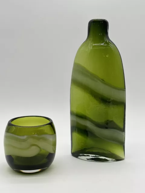 VTG Pier 1 Hand Blown Glass Vase Green/ White Swirl 11" With Candle Holder