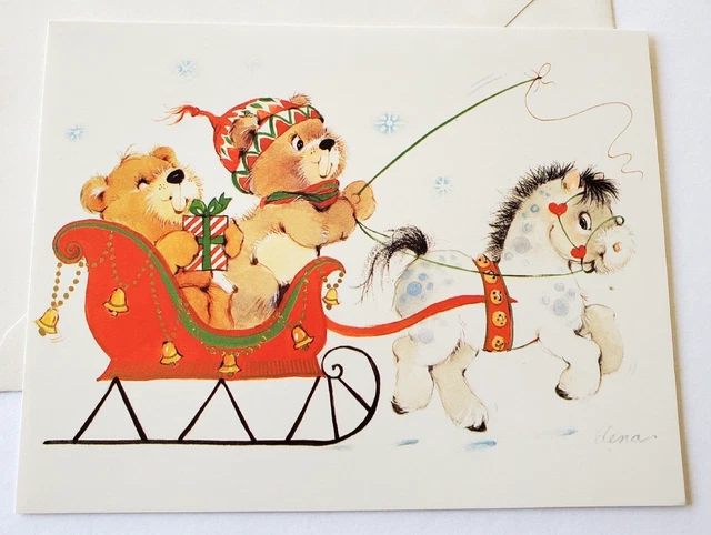 Vintage Christmas Card by Elena Bears in Horse Drawn Sleigh