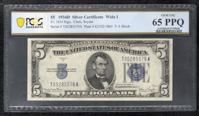 Fr. 1654 1934-D $5 Wide I Silver Certificate Pcgs Banknote Gem Unc-65Ppq (B)
