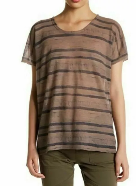 INHABIT sheer Knit Tee Tusk Striped Gray Brown Short Sleeve Size Small NWT  $345