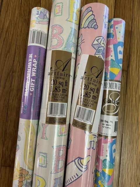 4 Rolls of Vintage Baby Shower Gift Wrapping Paper, New Old Stock