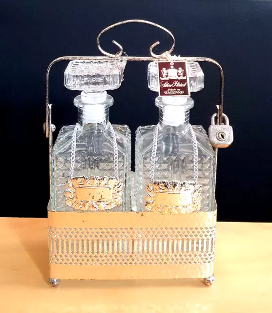 Vintage Cut Glass Decanters In Silver Plated Casket With Original Maid Lock