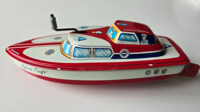 Blechspielzeug Schiff Boot Schnellboot Speed Craft Japan Kurbel Tin Toy Tole