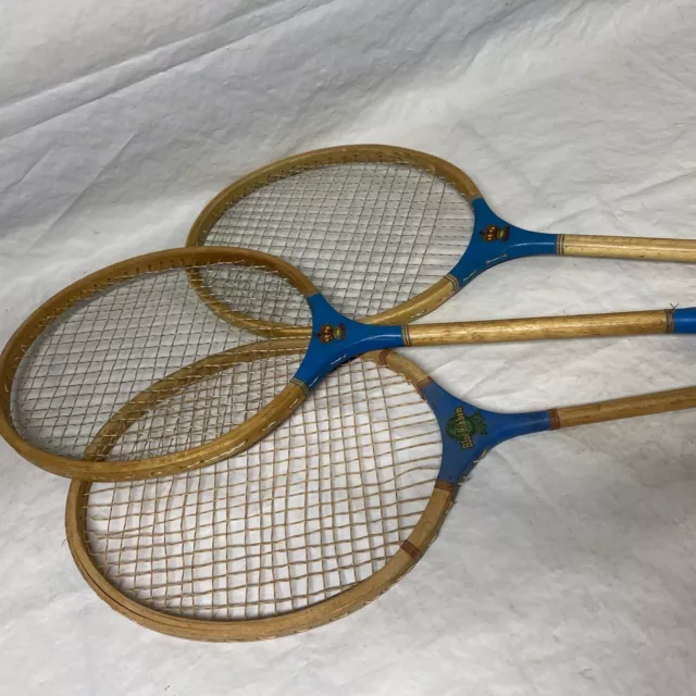 Lot of 3 Vintage Wood Badminton Racquets Rackets Retro Crown, Blue Ribbon Wooden