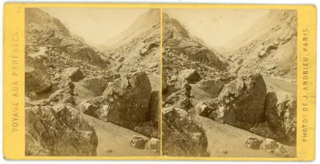 STEREO France, Pyrenees, Landscape in the mountains, rocks, circa 1870 Vintage s