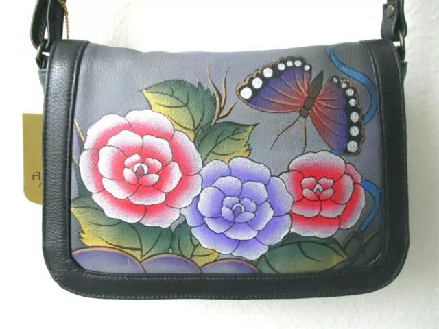 Anuschka Floral & Butterfly Hand Painted Leather Shoulder Purse - Nwt