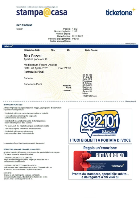 MAX PEZZALI 2 Biglietti PARTERRE forum Assago Milano  28 Aprile 2023 MAX30 2
