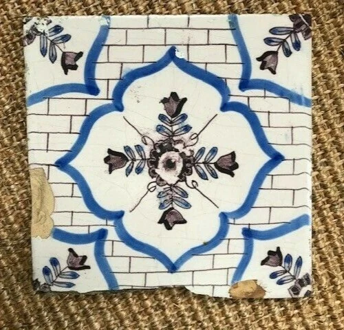 Antique 18C Polychrome Dutch  Delft Tile Featuring A Floral Pattern