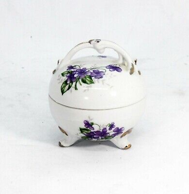 White Porcelain Three Footed Trinket Box With Purple Violets Gold Trim