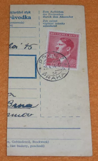 Böhmen & Mähren Paketkartenabschnitt 30 K Adolf Hitler Prag Praha Adamsthal 1944