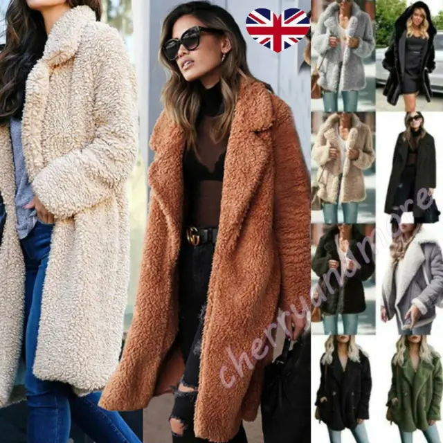 Womens Teddy Bear Fleece Fur Fluffy Coats Long Jackets Jumper Tops Outwear Size-