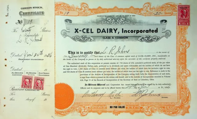 X-Cel Dairy Company Stock Certificate Bond Scripophilly Akron Ohio 1936 No 19 Y