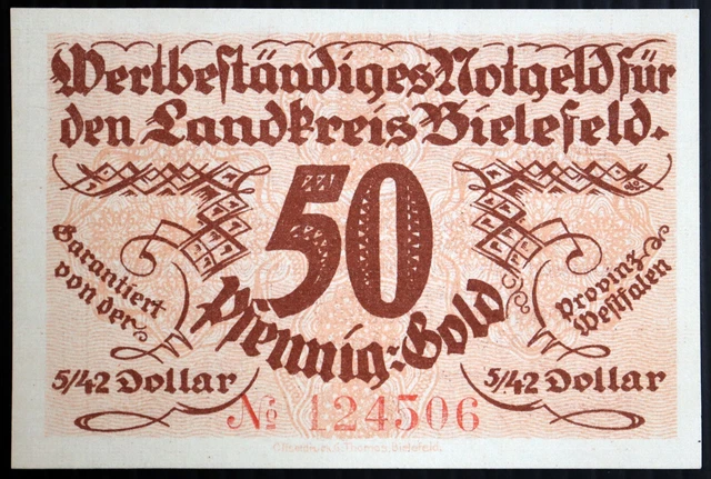 BIELEFELD 1923 "Landkreis" 50 Pfennig Gold = 5/42 US Dollar Rare German Notgeld