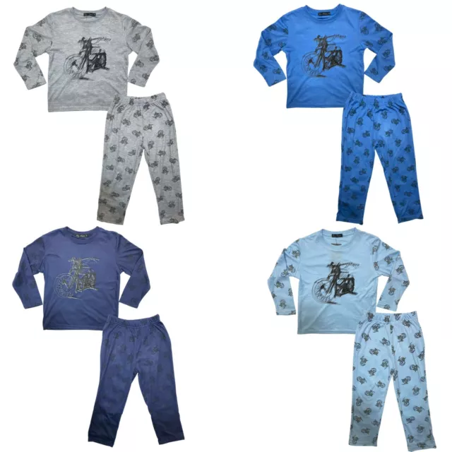 Boys Kids Pyjamas Long Sleeve Top Bottom Set Nightwear PJs Cotton Motorbike New