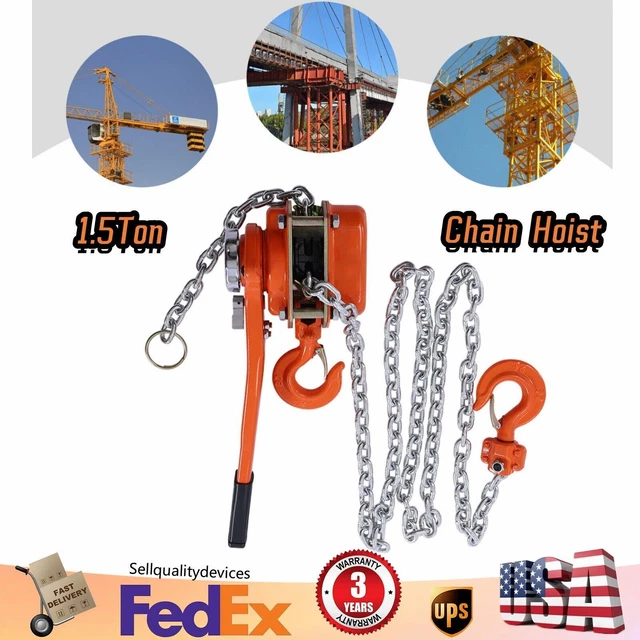 1.5Ton Manual Lever Block Chain Hoist Ratchet Type Come Along Puller w/ 2 Hooks