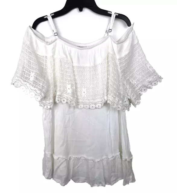 Knox Rose White Gauzy Crepe Tunic Top Cold Shoulder Crochet Lace Boho Size XL