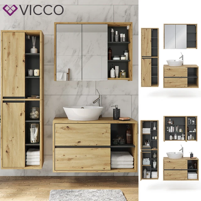 Ensemble De Meubles De Salle De Bain Viola 3 Pièces - Armoire WC, Meuble Sous Vasque Et Meuble Haut, Couleur Artisan/Gris