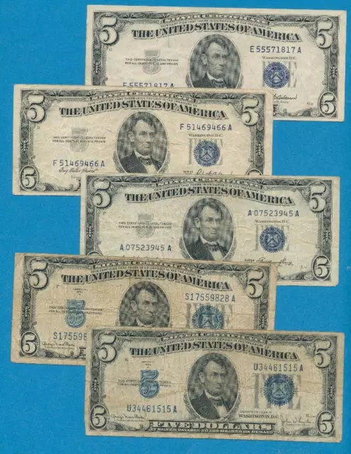 5-$5.00 1934/1953 Series Blue Seal Silver Certificate Circulated  Dealers Lot