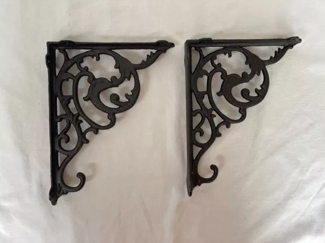 Set 2 Cast-Iron Ornate Shelf Brackets 10”X 7.5” Pair Matching Metal￼