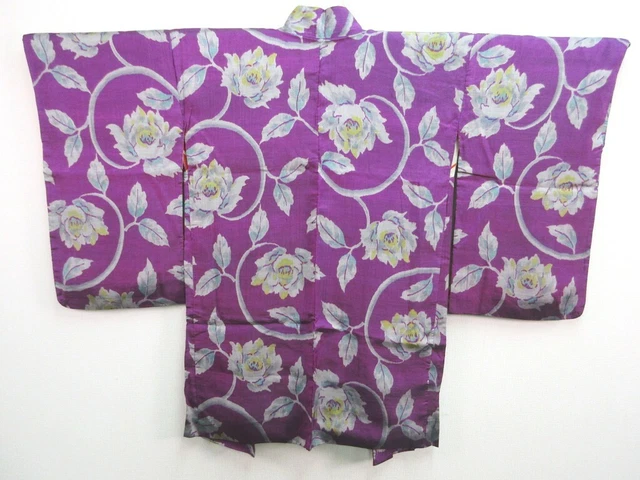 6365 Silk Vintage Japanese Kimono Haori Jacket Meisen Flower Long
