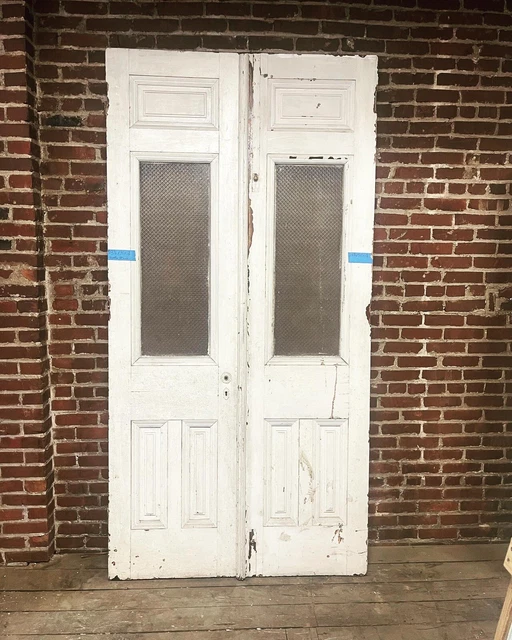 Original Antique 1900s Oak Double Door Set w/ Opaque Glass
