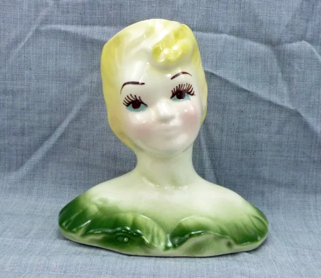 Vintage 1930s Looking Ceramic Head Vase Pen Holder Lovely Blonde Blue Eyed Lady 3