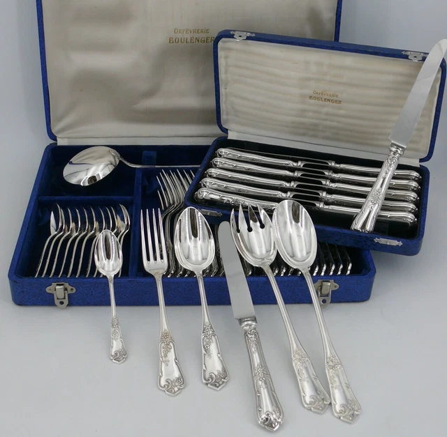 Boulenger modèle Louis XV Floral, ménagère de 51 pièces, couteaux, métal argenté