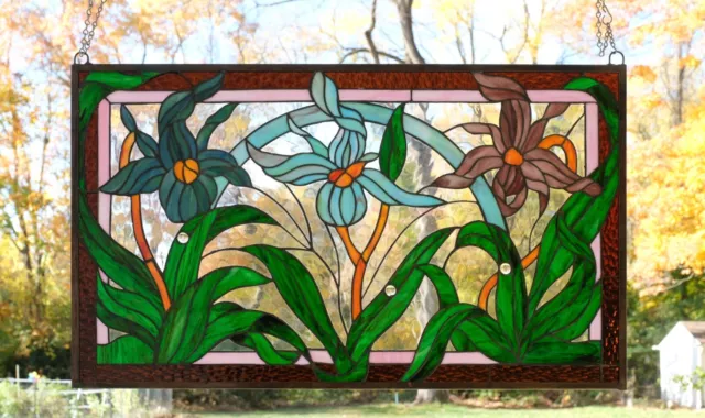 34.75"L x 20.5"H Handcrafted stained glass window panel Iris Flowers