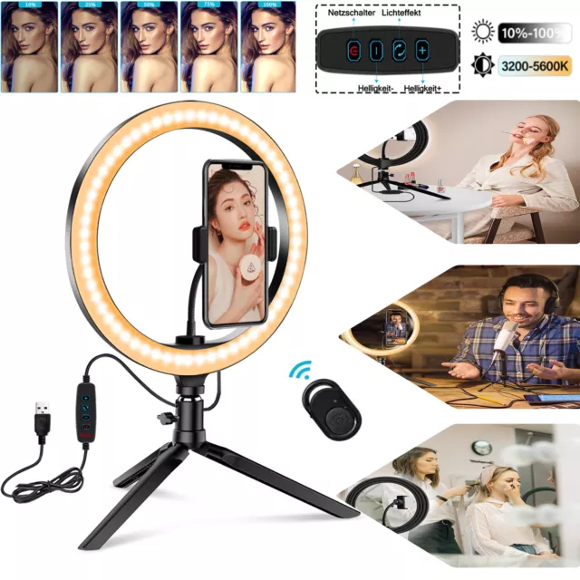 LED Dimmbar Ringlicht USB Ringleuchte mit 2 Handy Stativ für Live Makeup YouTube