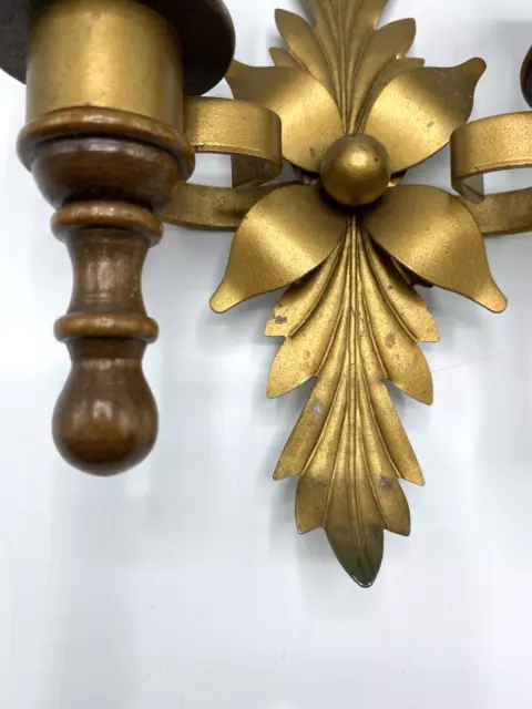 Small VTG Wood & Brass Floral Center Accent Two Candle Wall Sconce 7"Tx5.5"W
