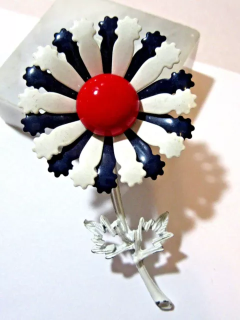 Enamel Flower Daisy Pin Red White Blue Patriotic Color Mid Century Retro Vintage