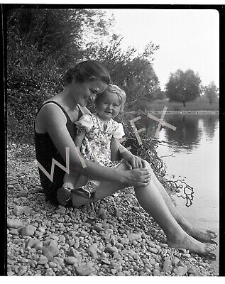 1940s Era Germany Photo Negative Mother With Child By Water Farm Life